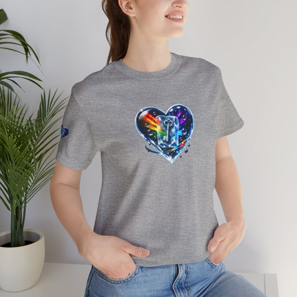 KEY TO THE HEART ON ICE Woman's Unisex Graphic Tee — FRONT & SLEEVE DESIGN