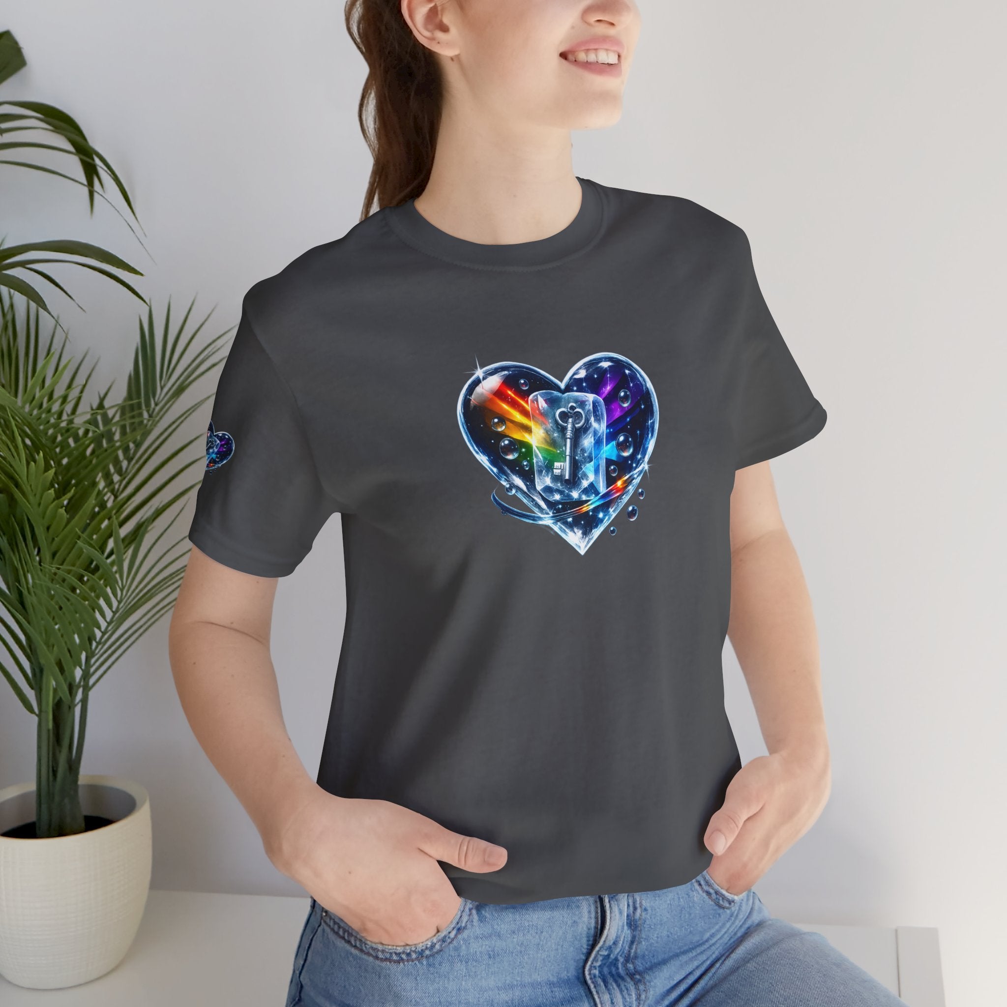 KEY TO THE HEART ON ICE Woman's Unisex Graphic Tee — FRONT & SLEEVE DESIGN