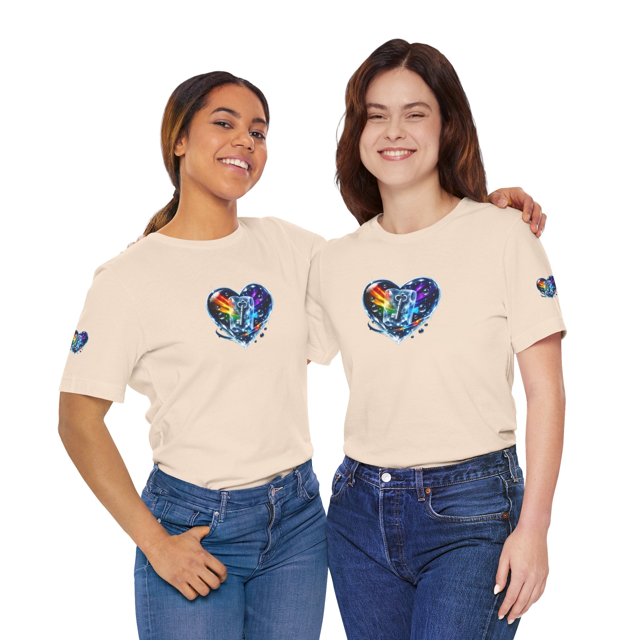 KEY TO THE HEART ON ICE Woman's Unisex Graphic Tee — FRONT & SLEEVE DESIGN