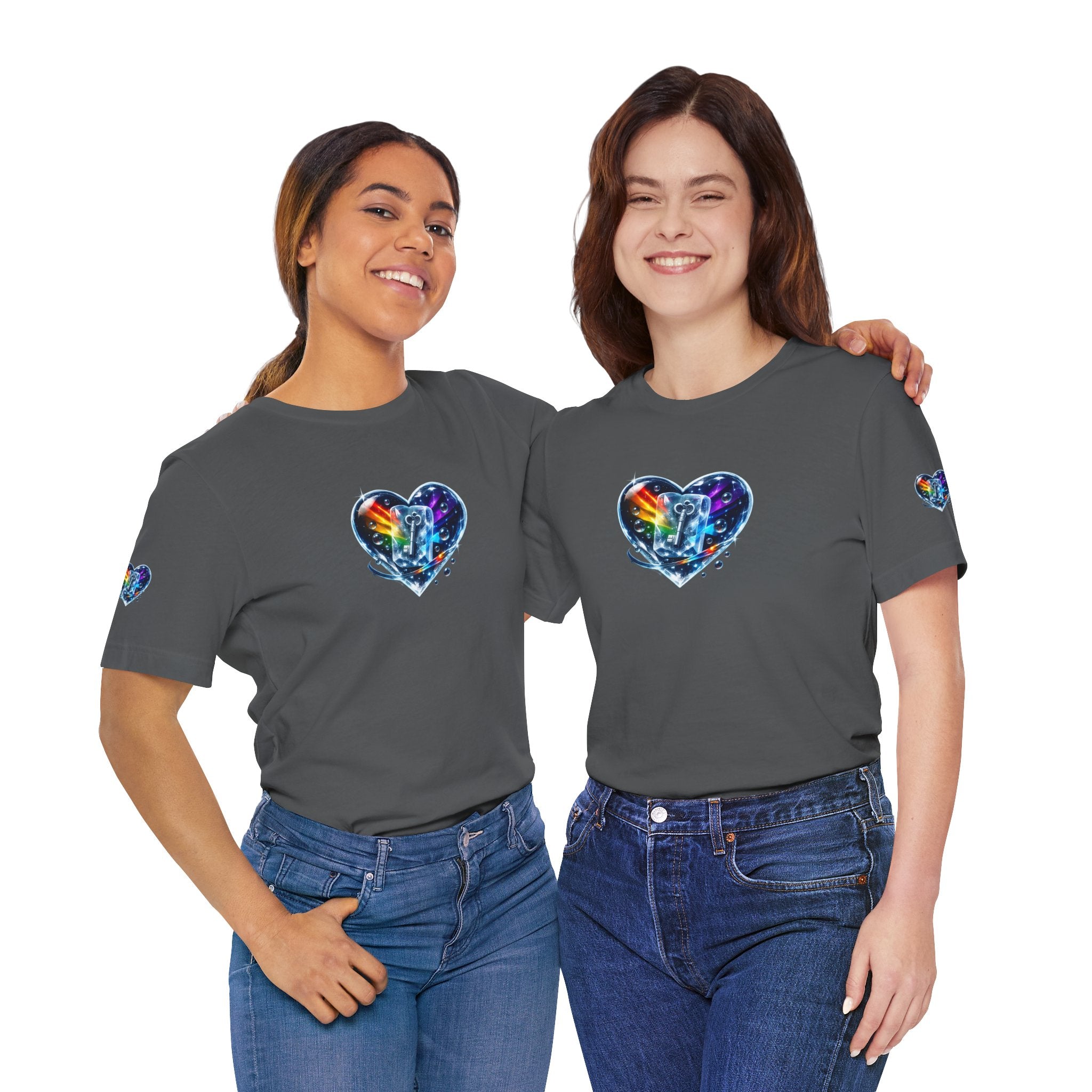 KEY TO THE HEART ON ICE Woman's Unisex Graphic Tee — FRONT & SLEEVE DESIGN