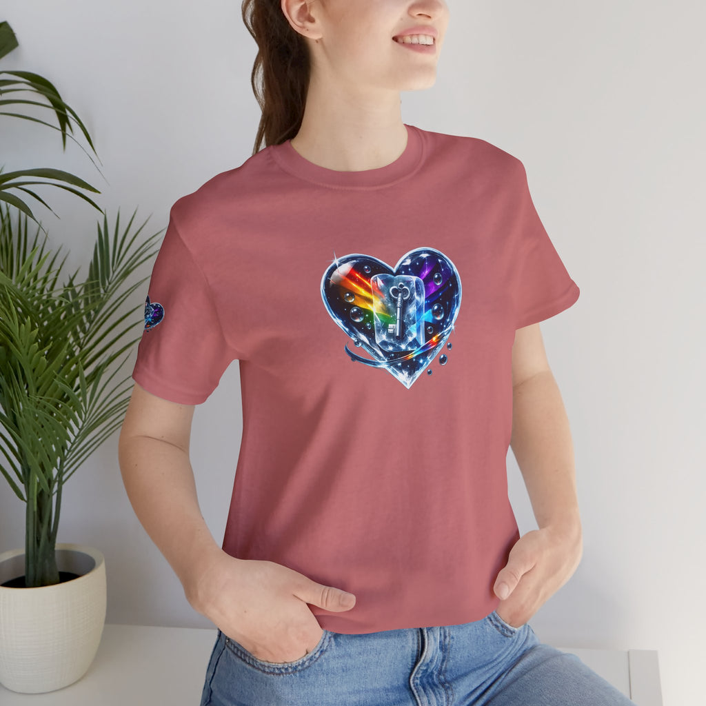 KEY TO THE HEART ON ICE Woman's Unisex Graphic Tee — FRONT & SLEEVE DESIGN