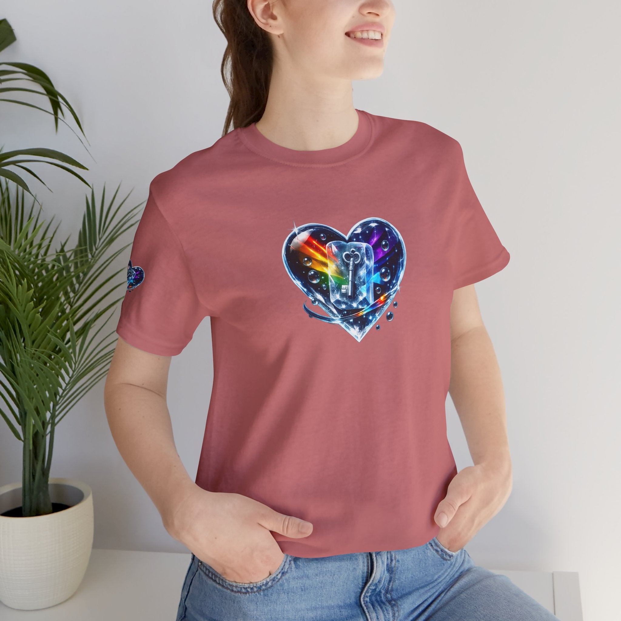 KEY TO THE HEART ON ICE Woman's Unisex Graphic Tee — FRONT & SLEEVE DESIGN