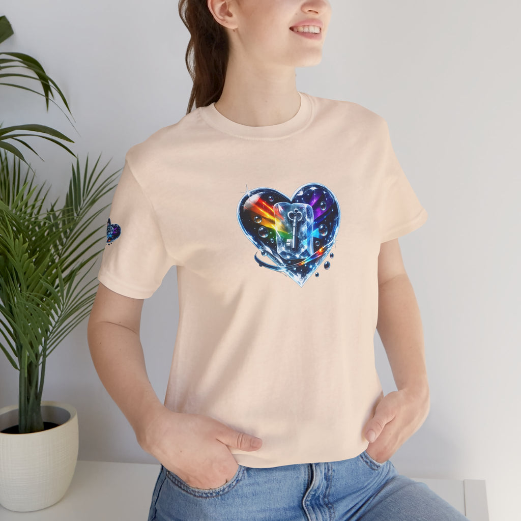 KEY TO THE HEART ON ICE Woman's Unisex Graphic Tee — FRONT & SLEEVE DESIGN