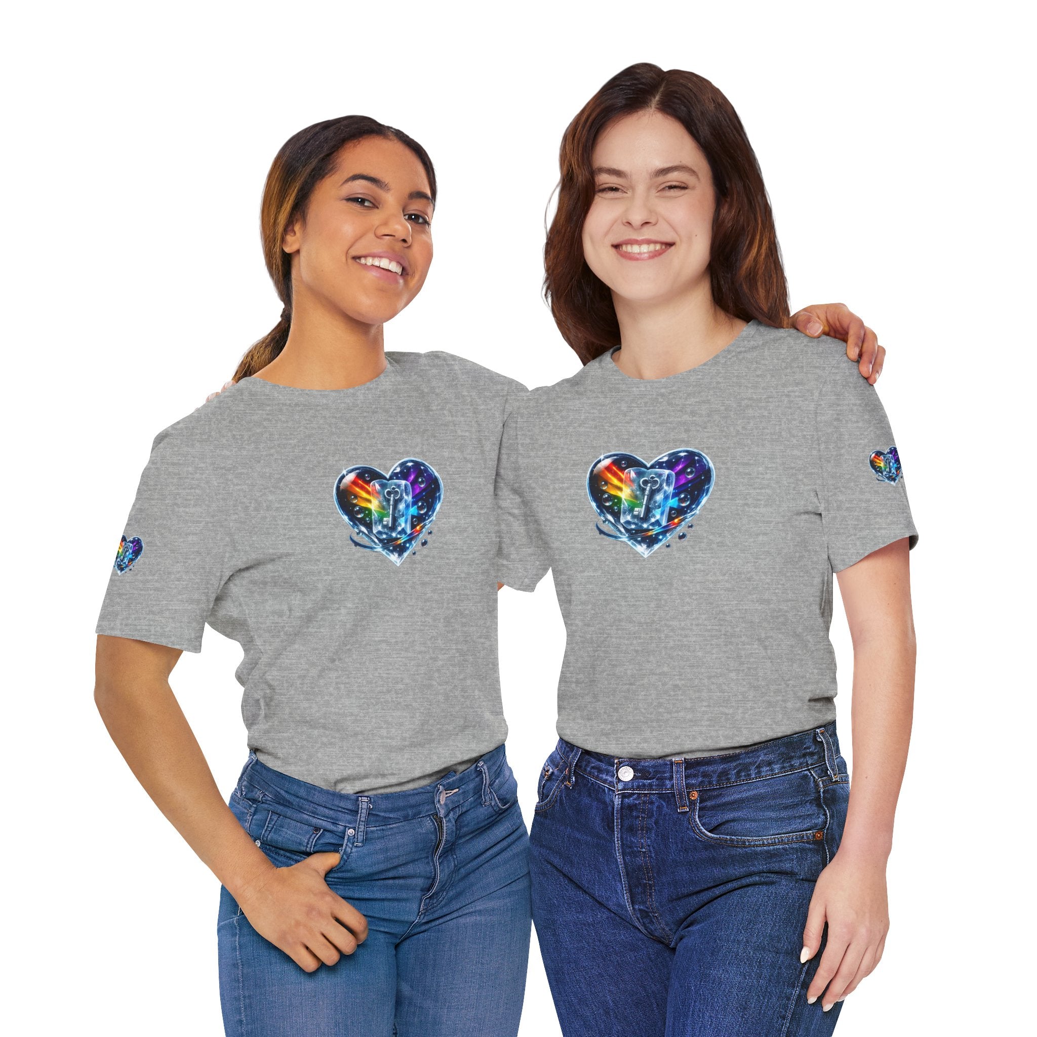 KEY TO THE HEART ON ICE Woman's Unisex Graphic Tee — FRONT & SLEEVE DESIGN