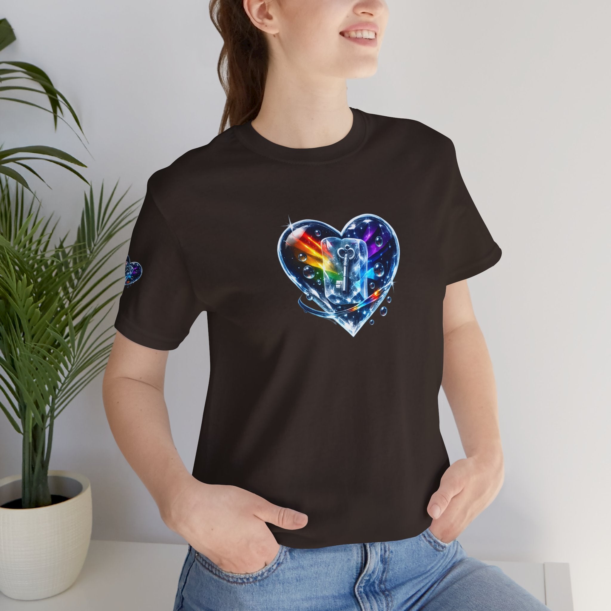 KEY TO THE HEART ON ICE Woman's Unisex Graphic Tee — FRONT & SLEEVE DESIGN