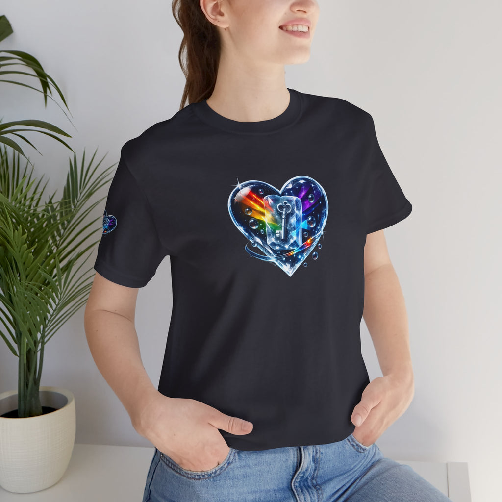 KEY TO THE HEART ON ICE Woman's Unisex Graphic Tee — FRONT & SLEEVE DESIGN
