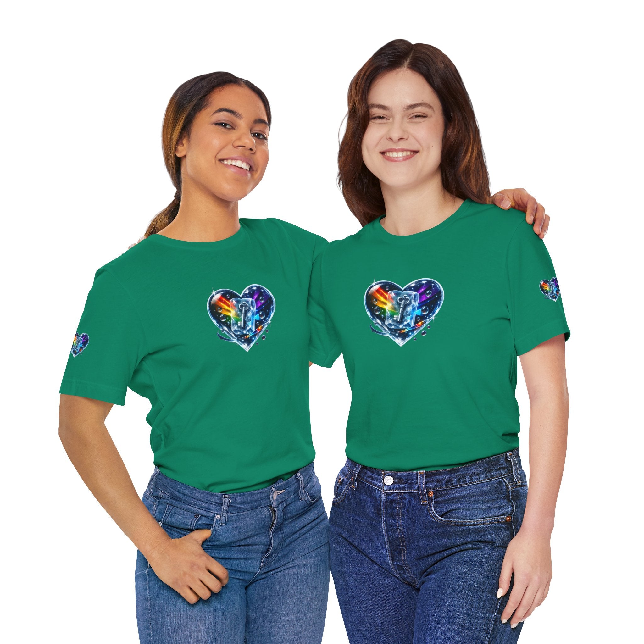 KEY TO THE HEART ON ICE Woman's Unisex Graphic Tee — FRONT & SLEEVE DESIGN