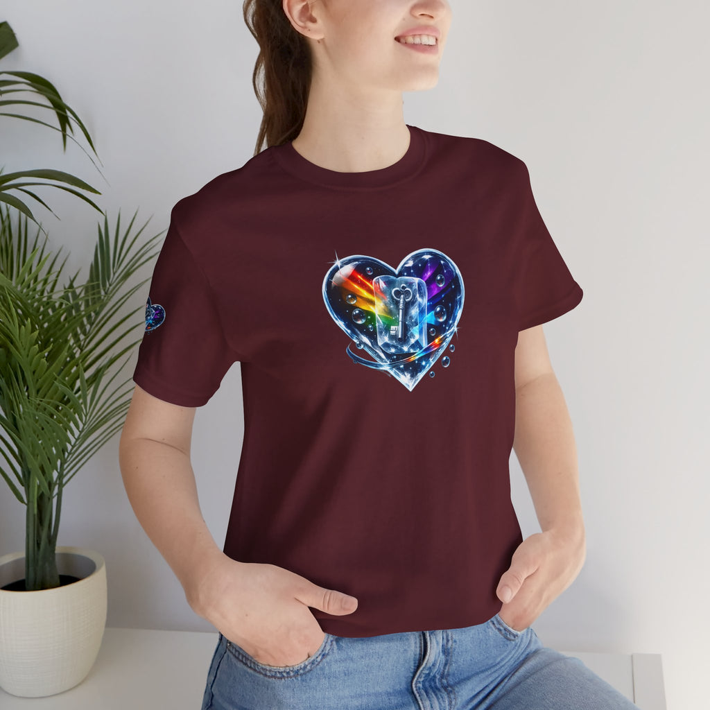 KEY TO THE HEART ON ICE Woman's Unisex Graphic Tee — FRONT & SLEEVE DESIGN