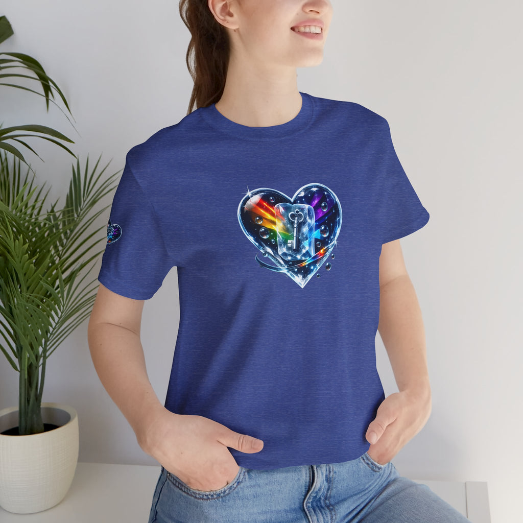 KEY TO THE HEART ON ICE Woman's Unisex Graphic Tee — FRONT & SLEEVE DESIGN