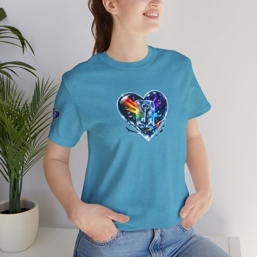 KEY TO THE HEART ON ICE Woman's Unisex Graphic Tee — FRONT & SLEEVE DESIGN