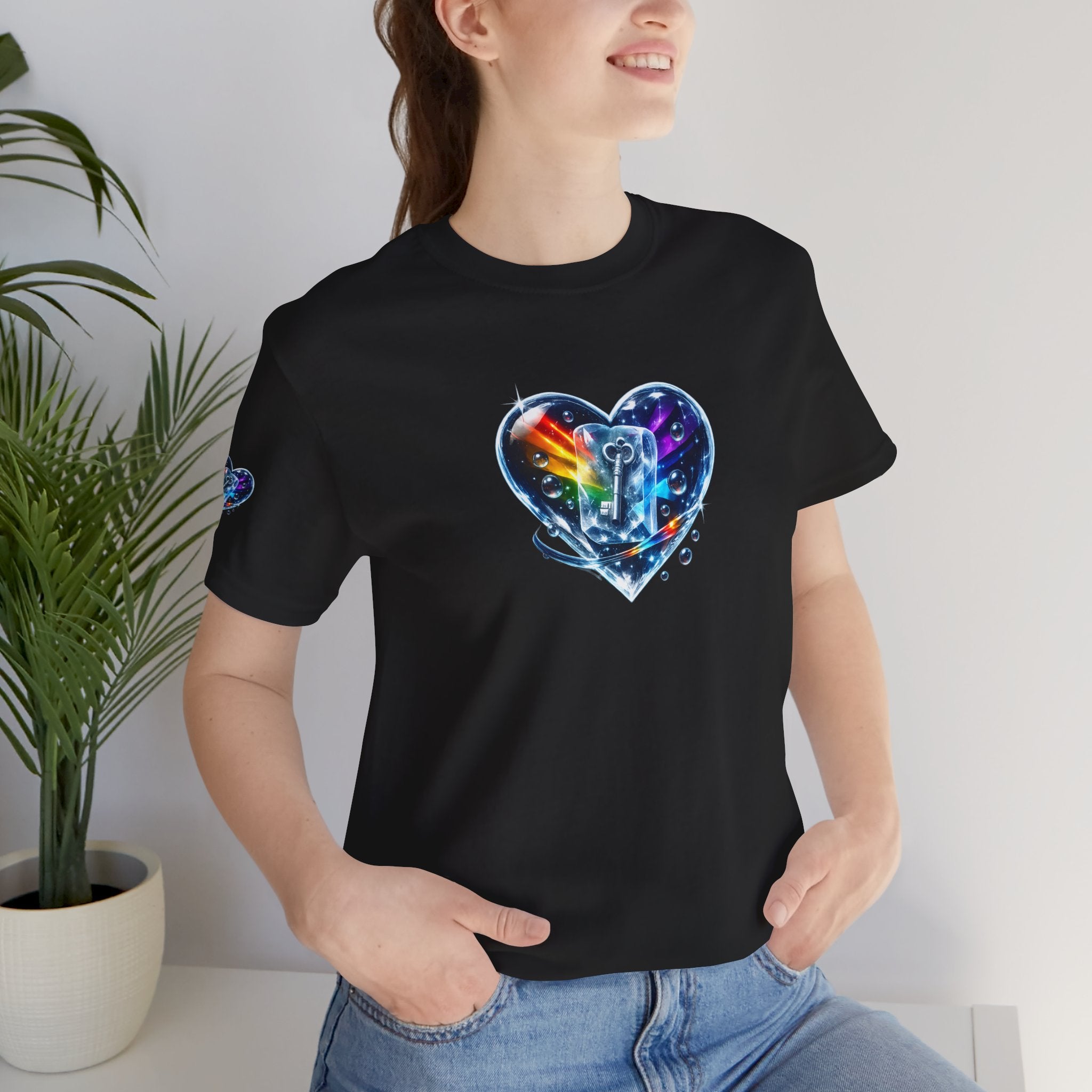KEY TO THE HEART ON ICE Woman's Unisex Graphic Tee — FRONT & SLEEVE DESIGN