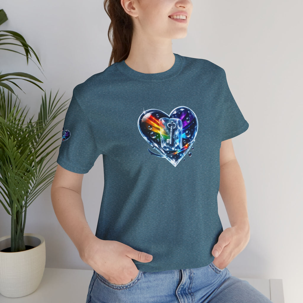 KEY TO THE HEART ON ICE Woman's Unisex Graphic Tee — FRONT & SLEEVE DESIGN