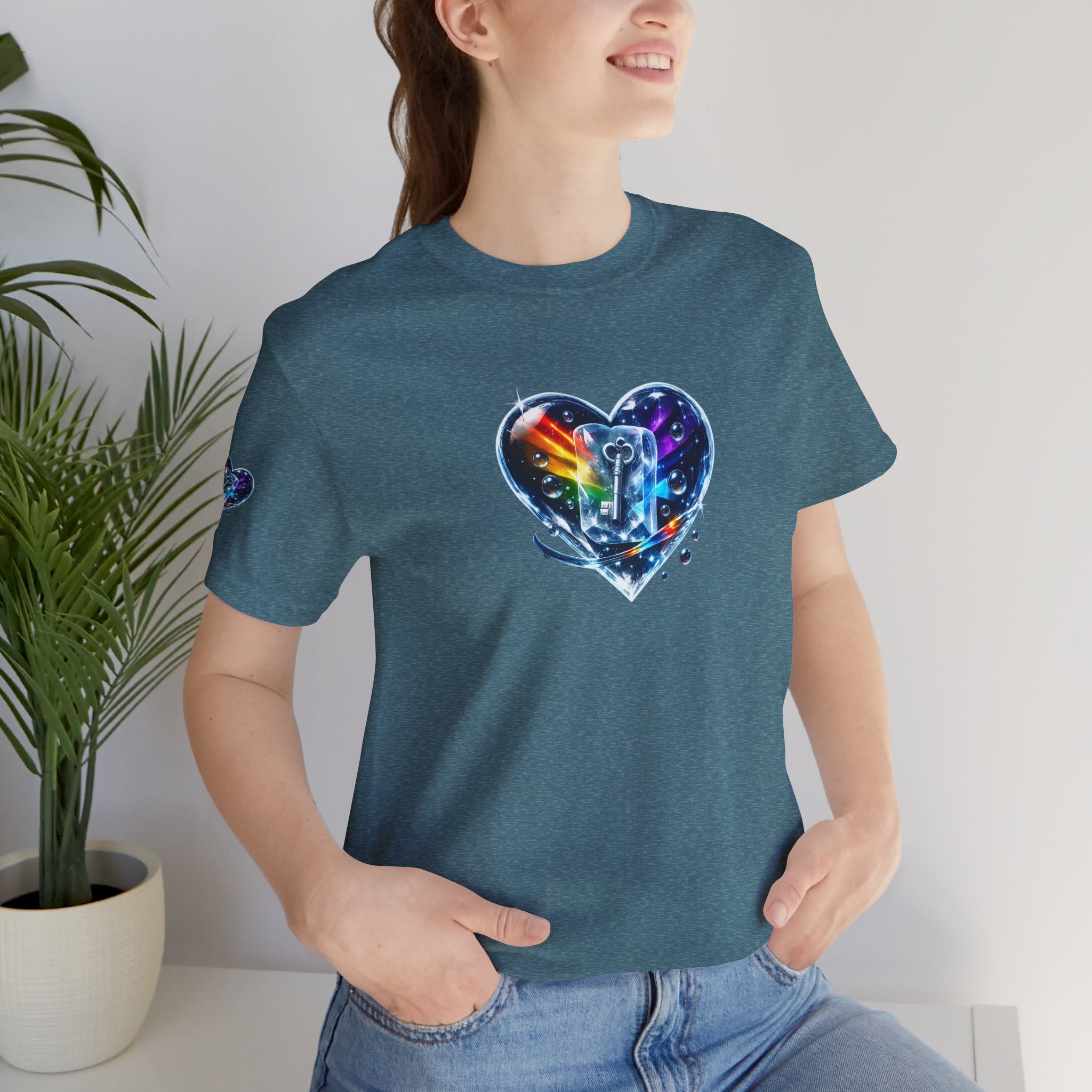KEY TO THE HEART ON ICE Woman's Unisex Graphic Tee — FRONT & SLEEVE DESIGN