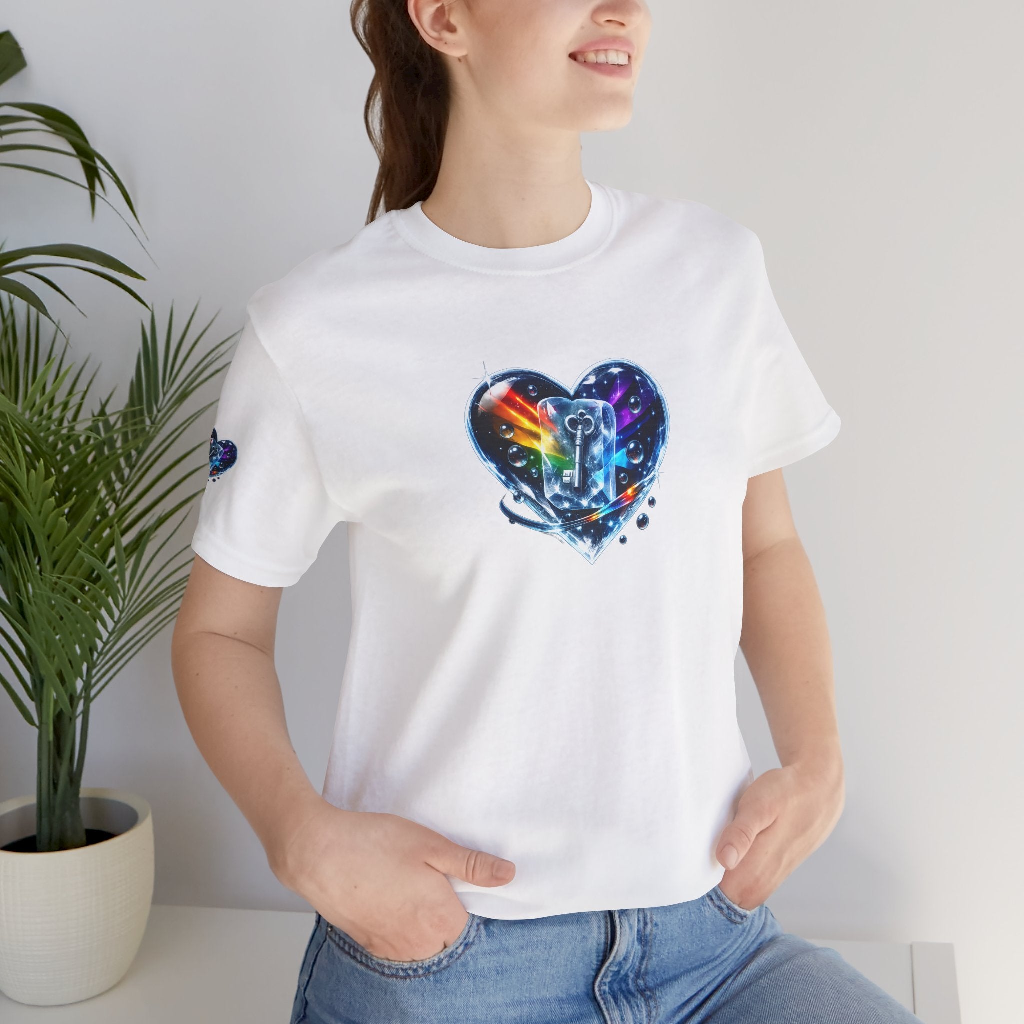 KEY TO THE HEART ON ICE Woman's Unisex Graphic Tee — FRONT & SLEEVE DESIGN