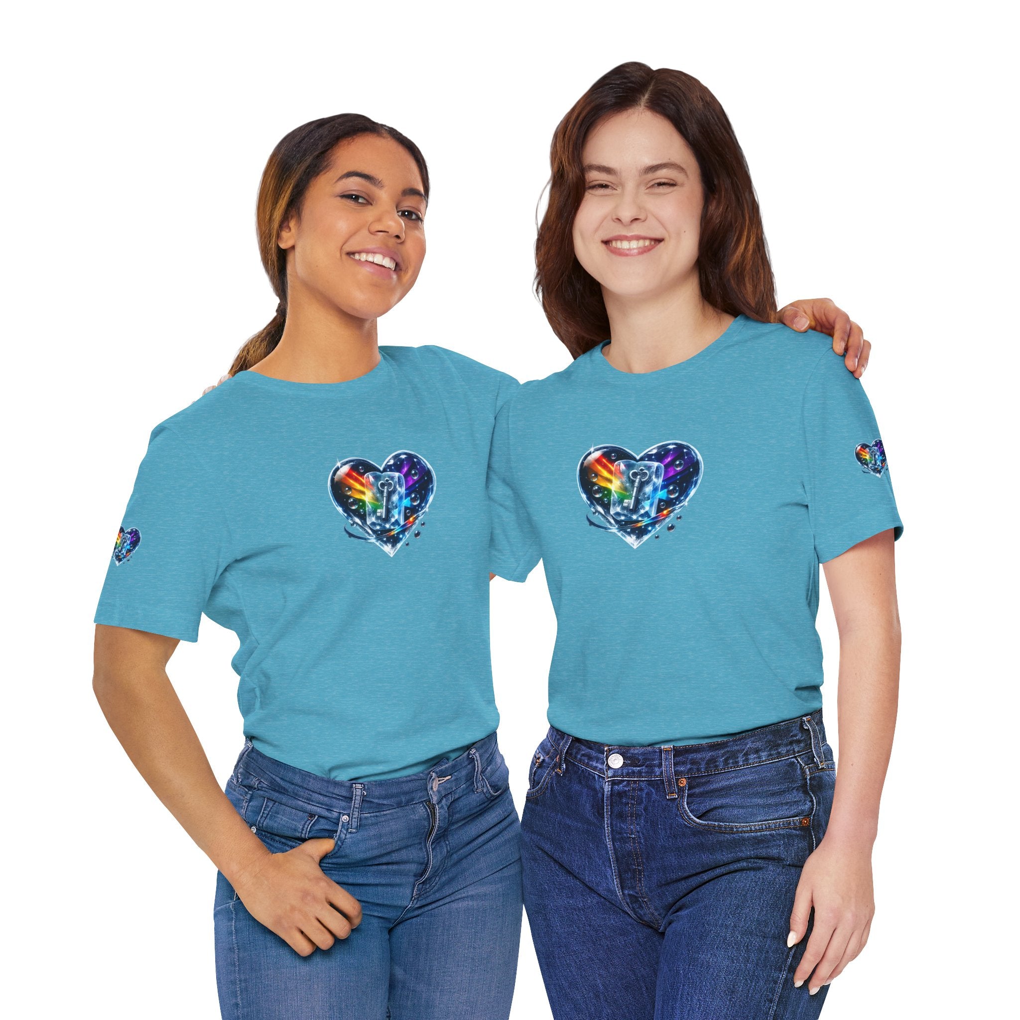 KEY TO THE HEART ON ICE Woman's Unisex Graphic Tee — FRONT & SLEEVE DESIGN