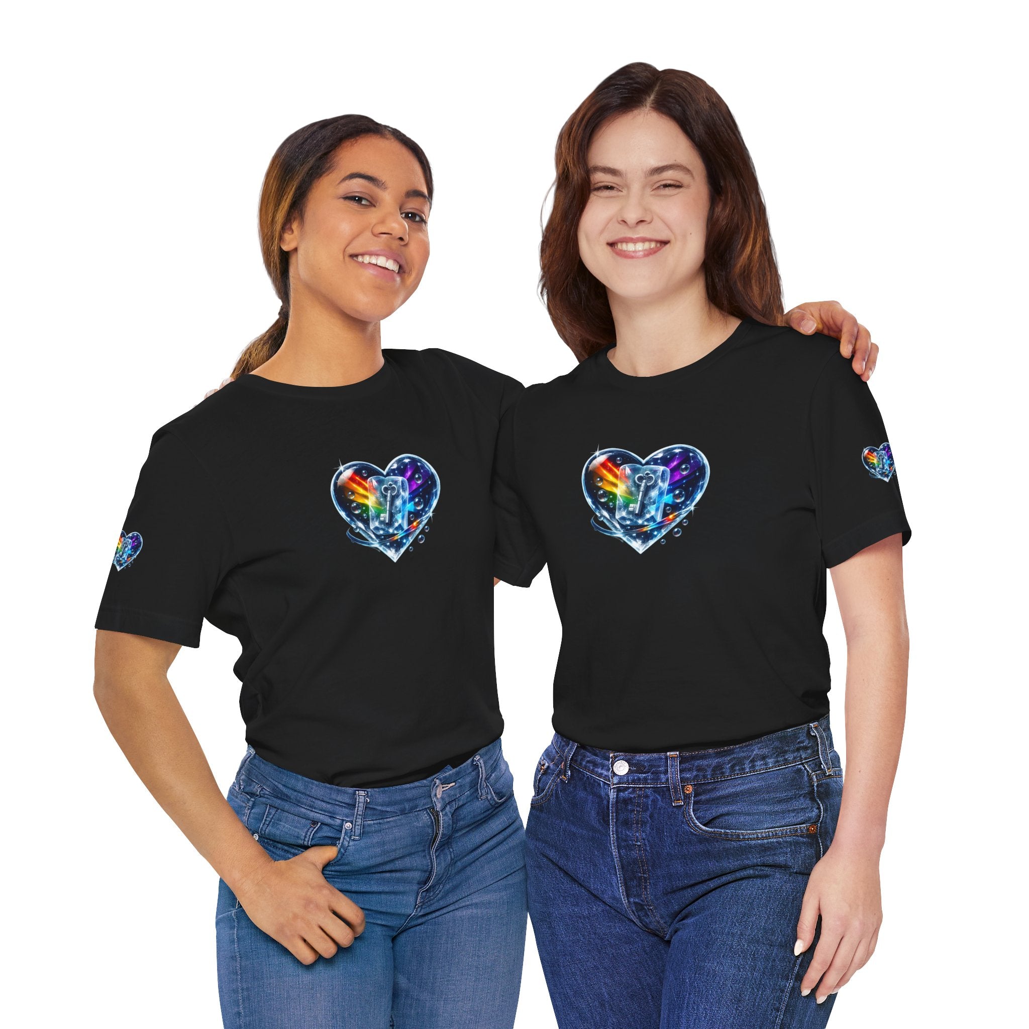 KEY TO THE HEART ON ICE Woman's Unisex Graphic Tee — FRONT & SLEEVE DESIGN