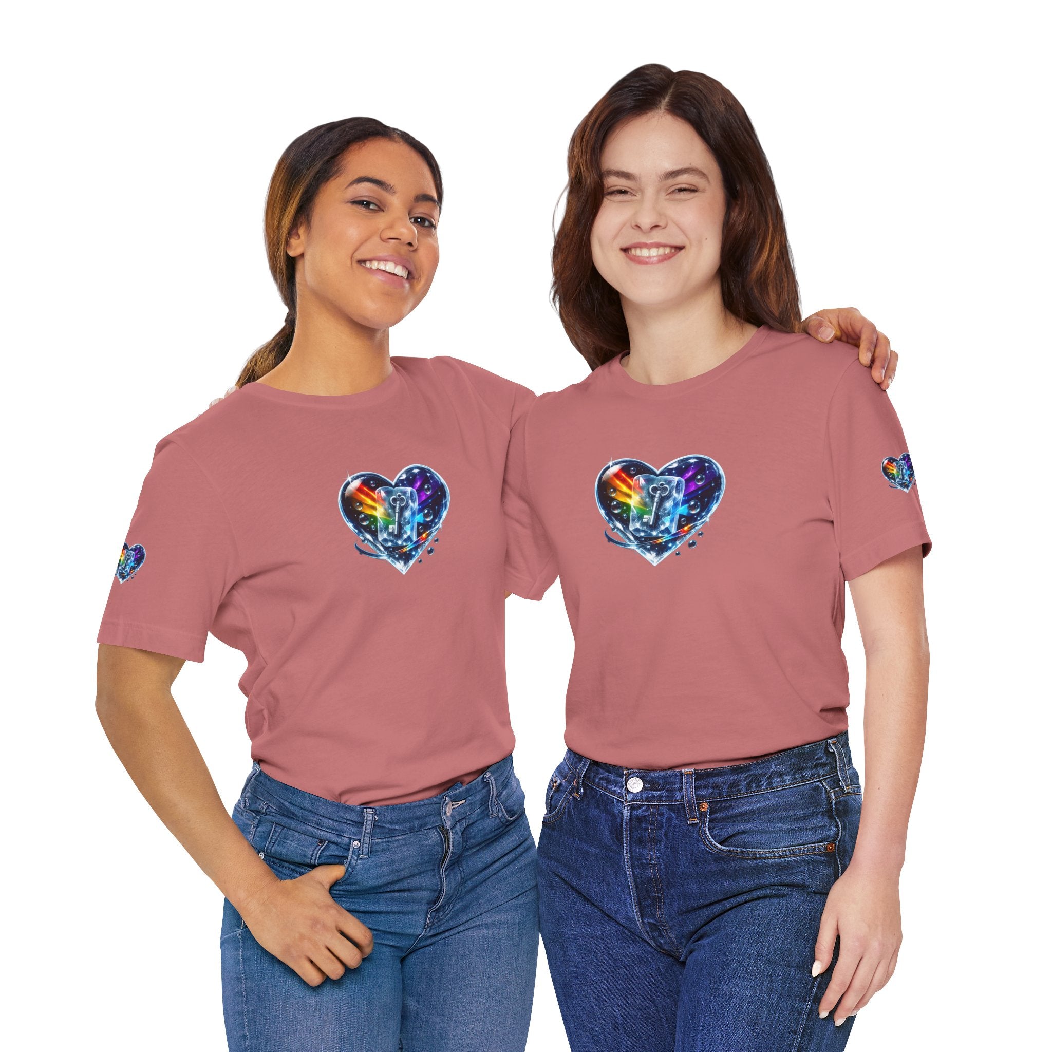 KEY TO THE HEART ON ICE Woman's Unisex Graphic Tee — FRONT & SLEEVE DESIGN