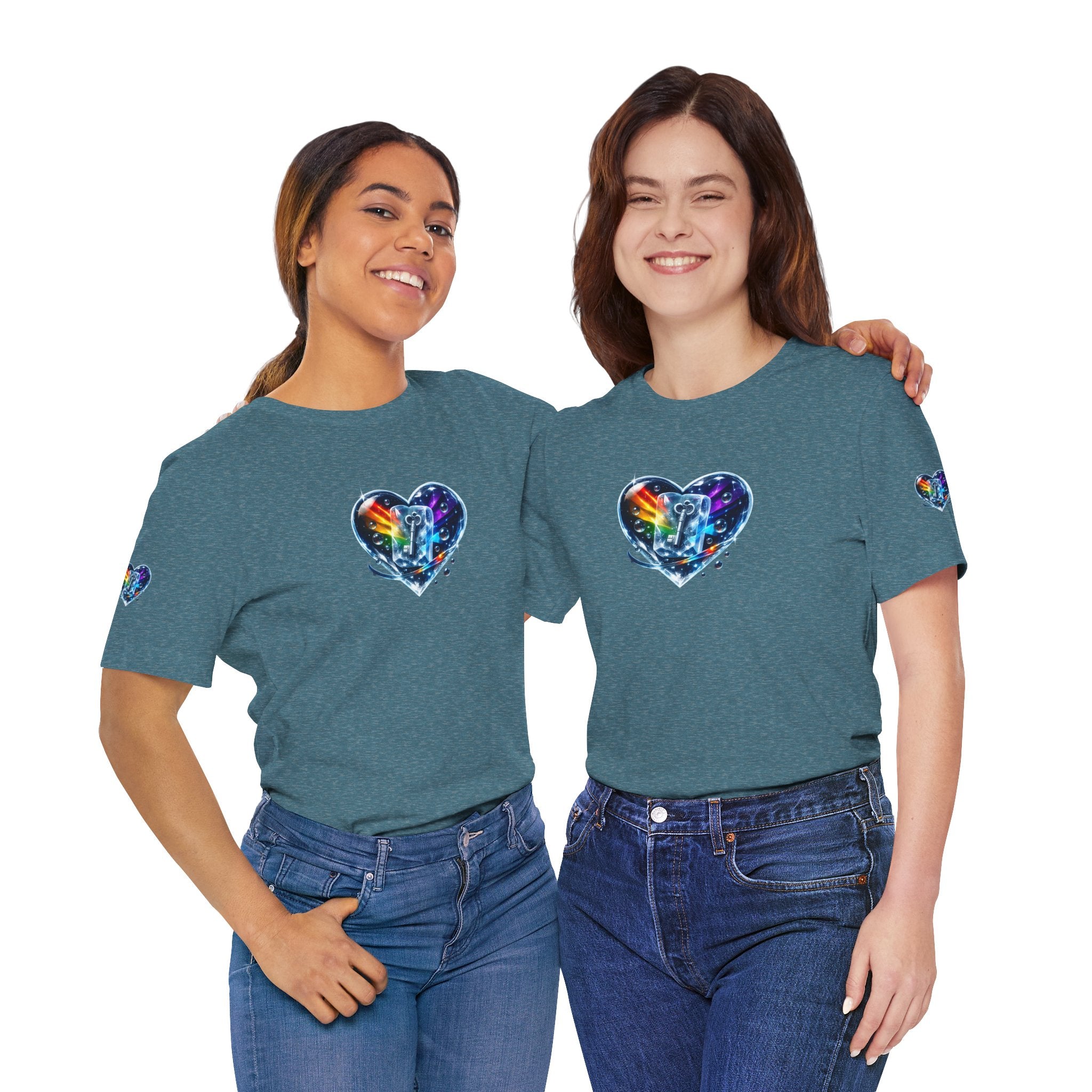 KEY TO THE HEART ON ICE Woman's Unisex Graphic Tee — FRONT & SLEEVE DESIGN